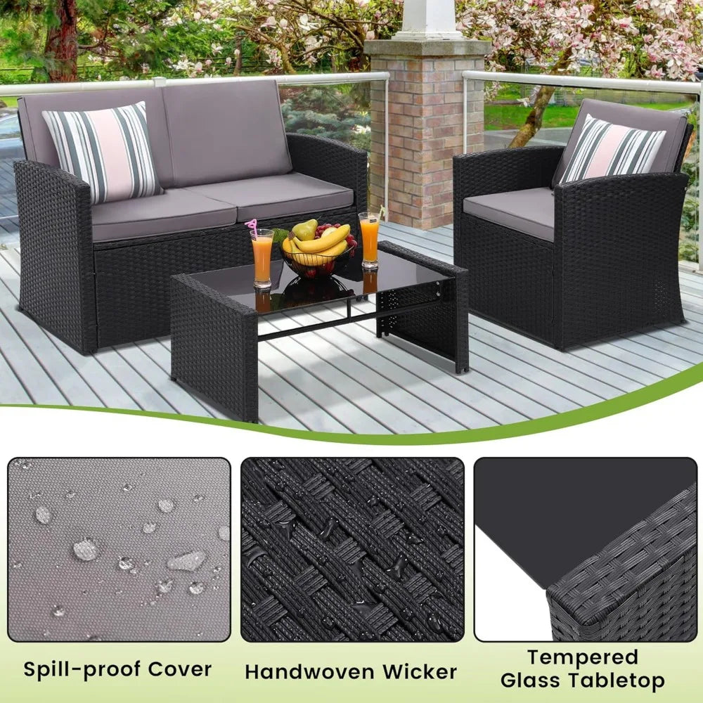 4 Piece Patio Conversation Set, with Sofa, 2 Chairs, and Coffee Table, for Porch, Deck, Outdoor Wicker Sectional Furniture