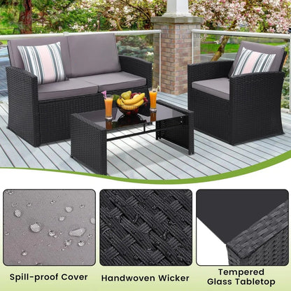 4 Piece Patio Conversation Set, with Sofa, 2 Chairs, and Coffee Table, for Porch, Deck, Outdoor Wicker Sectional Furniture