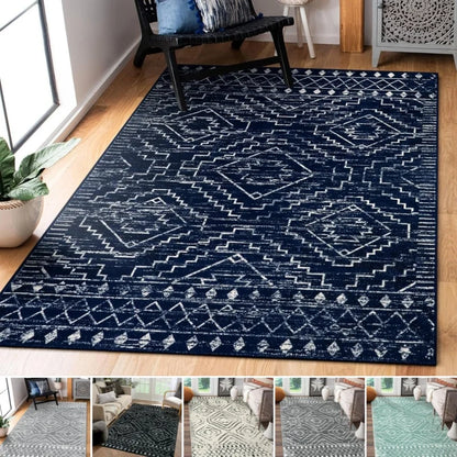 Moroccan Style Carpet for Living Room Retro Washable Farmhouse Bedroom Black Boho Non-Slip Floor Mat Soft Rug for Kitchen Entry